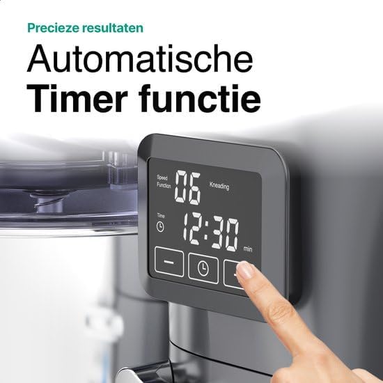 Close-up of the Vivid Green Kitchen Machine's digital display showing speed, function, and an automatic timer set to 12:30 minutes.