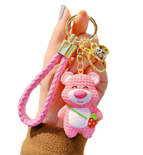 Oikabio Pink Bear Key Chain Strawberry Keyring Resin materials Cute Key Chain Strap Keychain Key Ring Holder Bell Spring Accessories for Girls Women Gift Bag Pendant Good Luck