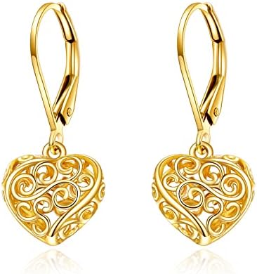 14k Gold Heart Dangle Earrings for Women Filigree Drop Leverback Earrings Vintage Jewelry Birthday Gifts for Her (Heart Filigree Leverback Earrings)