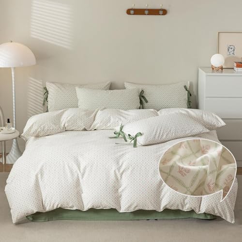 VM VOUGEMARKET Red Flower Duvet Cover Full,100% Cotton Bedding Set,Green Plaid Grid Comforter Cover with Zipper Closure,80x90 Inch
