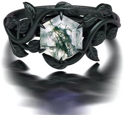 925 Sterling Silver Hexagon Cut Moss Agate Leaf Ring for Women, Unique Vintage Nature Inspired Jewelry, Black Rhodium Finish Engagement Ring, Perfect for Mom, Wife or Girlfriend