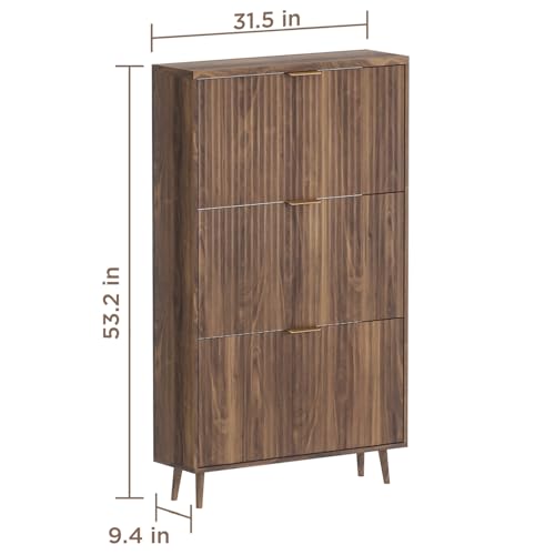 Image of Shoe Cabinet Storage,Modern Freestanding Organizer with 3 Flip Drawers,Narrow Shoe Rack Cabinet for Entryway,Walnut
