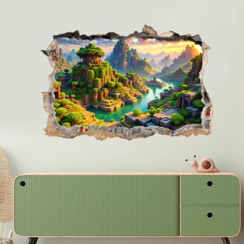 3D Broken Wall Decal Pixel Block Gamer Wall Sticker Removable Peel and Stick Vinyl Wall Decor for Gaming Room Bedroom Playroom (Green Valley Vinyl 16 x 24 (40 x 60 cm))