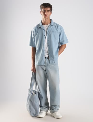 Image of INKD Men's Casual Denim Shirt - 100% Cotton | Half Sleeves | Oversized Fit | Single Patch Pocket | Resort Collar