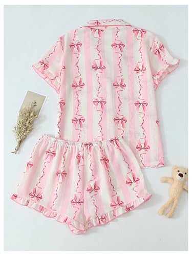 Image of Verdusa Women's 2 Piece Tie Dye Pajamas Set Short Sleeve Button Down Top and Ruffle Shorts