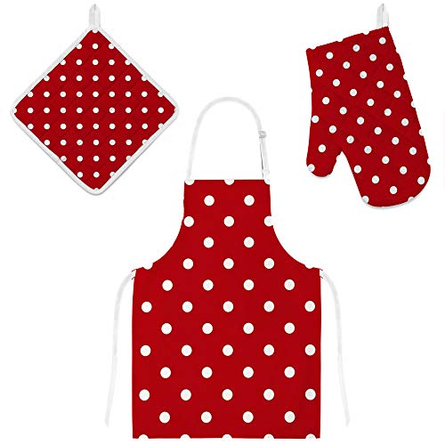 Top Carpenter Polyester Kitchen Oven Mitts Glove Potholder Apron 3Pcs Set White Polka Dot On Red Non Slip Heat Resistant Mitts For Baking Cooking Bbq #TOP7