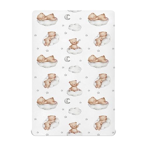 Vvfelixl Crib Sheets for Boys & Girls, Teddy Bears Clouds Pattern, Neutral, Mini Crib Mattress Sheets, Fitted, 52 * 28 * 9In, White