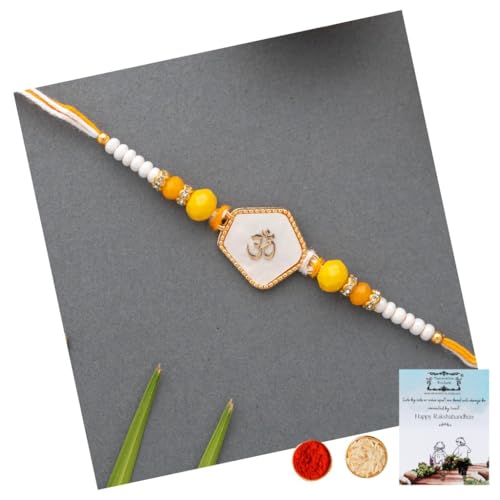 DECORATIVE BUCKETS Rakhi for Brother| rakhi for bhaiya |Bhai rakhi combo card & roli chawal (Om rakhi)