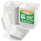 OasisSN 𝟲𝘅𝟲', 𝟭𝟮𝟴-𝗣𝗮𝗰𝗸 Compostable Clamshell Take Out Food Containers, Biodegradable Bagasse Paper To-Go Boxes for Burgers, Sandwiches, Eco-Friendly, Microwave & Freezer Safe (White, Small)