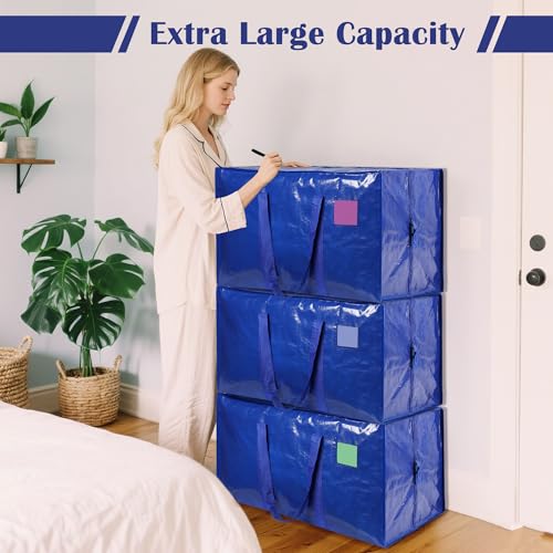 Image of 12 Pack Moving Bags with Full-Open Side Zipper, Extra Large 93L Heavy Duty Waterproof Foldable Storage Totes for College Dorm, Moving & Home Organization Blue