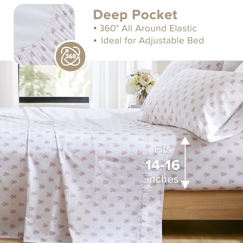 Comfort Spaces 100% Cotton Sheets Queen, Breathable, Naturally Cool Cotton Sheets, Soft Cotton Bed Sheets with 14" Elastic Pocket Fits up to 16" Mattress, All Seasons Sheet Set, Floral Pink 4 Piece