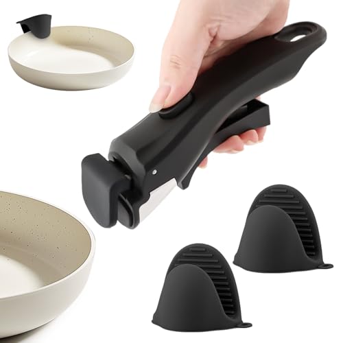 Image of Removable Pot Handle, Cream White Detachable Pan Handles with 2 PCS Silicone Oven Mitts Heat Resistant, Universal Pan Replacement Handles for Pots and Pans (Black)