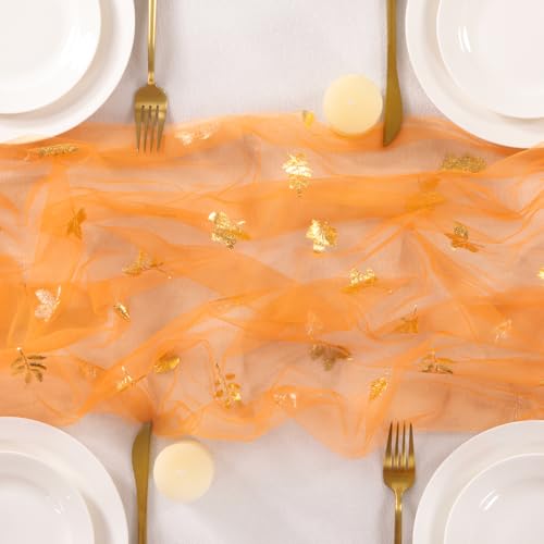 Image of Fall Maple Leaf Table Runner Orange Sheer Gauze Foil Table Runner, 6PC
