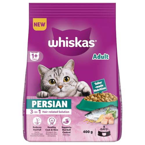 Image of Whiskas Persian Adult (1+ Years) Dry Cat Food, 400 g, 100% Complete & Balanced Tailor Made Nutrition, Reduces Hairfall, for Healthy Coat & Skin