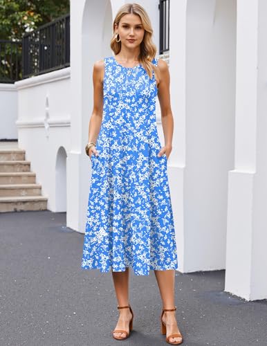 Image of HOTOUCH Summer Casual Dresses for Women Sleeveless Midi Dress Swing Tank Sundress Pleated Tshirt Dress with Pockets