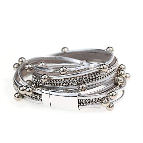 Suyi Women Wrap Bracelet Multilayered Leather Braided Bangle Wrist Cuff Bangles With Magnetic Buckle Silver1 #TOP3