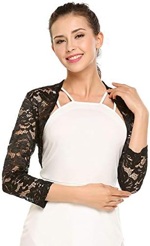 Palazen Women's 3 4 Sleeve Bolero Shrugs Crochet Lace Open Cardigan, Black/L