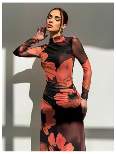 Image of Verdusa Women's Floral Wedding Guest Dress Long Sleeve Mesh Slimming Cocktail Vacation Maxi Dresses