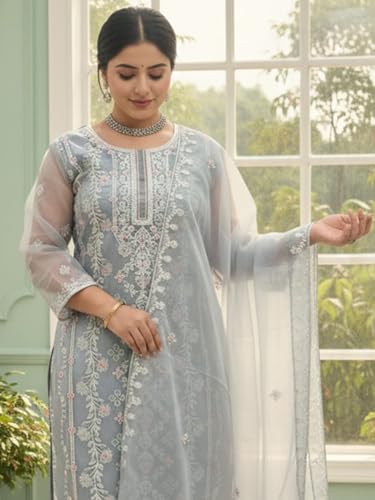 Image of INDO ERA Women's Organza Floral Embroidered Straight Kurta & Pant with Dupatta Set (IEAI10677)