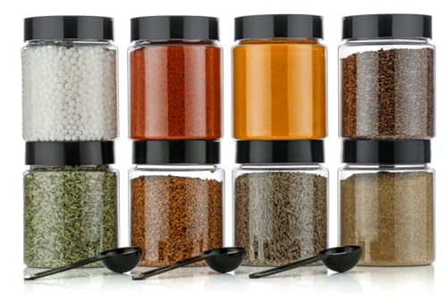 HAPPI Multipurpose Unbreakable Plastic Transparent Storage Containers For Kitchen Airtight Masala Box Dabba Spice, Cereal, Dry Fruits Spice Box 250 Ml Round With Spoons (Set Of 8 Pcs), Black