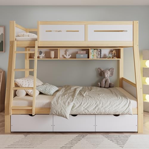 Litera, cuna de 90 x 200 cm y 120 x 200 cm, tres cajones con ruedas, soporte para libros de imágenes de 2 m, cercado seguro de cuatro lados y escalera, pino + MDF + madera contrachapada, color blanco