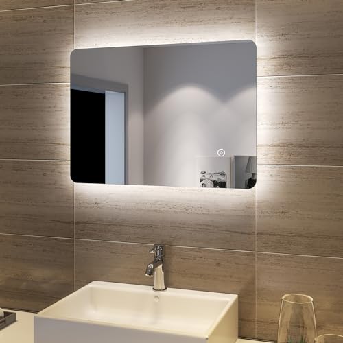 SONNI Espejo de Baño con Luz LED con Interruptor Tátil 70x50 cm Blanco Frío IP44 de Pared de Ahorro