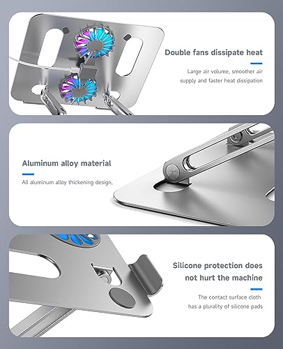 Yicosun Laptop Stand With Fan Portable Aluminum Laptop Holder With Cooling Fan Adjustable Ergonomic Laptop Stand Foldable Computer Stand Anti-Slip Laptop Riser 9-15 Inch Laptops Silvery #TOP5