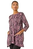 Roman Originals Swing Top with Pockets for Women UK Ladies Hanky Hem Asymmetric Tunic Blouse Longline Long Stretch Jersey Casual Round NeckTee Shirt T-Shirt - Purple Multi - Size 18