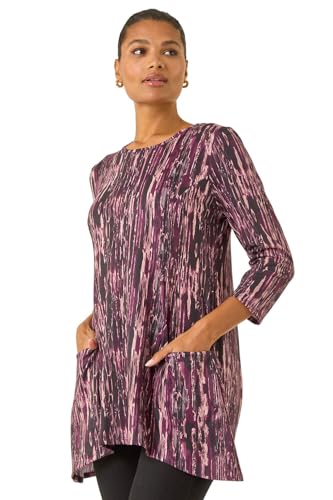 Image of Roman Originals Swing Top with Pockets for Women UK Ladies Hanky Hem Asymmetric Tunic Blouse Longline Long Stretch Jersey Casual Round NeckTee Shirt T-Shirt Purple Multi