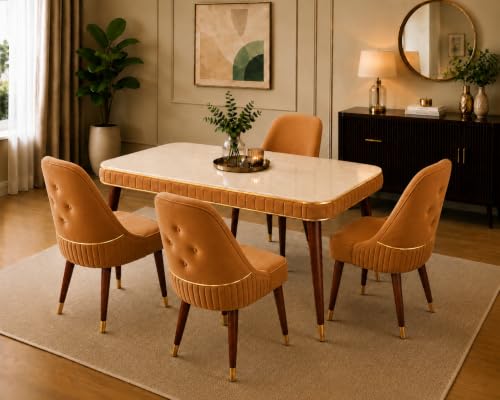 Image of WOODEN SPACE 4 Seater Wooden Dining Table Set | Urban Marble Top Dining Table with Chairs for Dining Room & Kitchen (Modern Grand Aura Mustard) (54 x 36 x 30 inch)