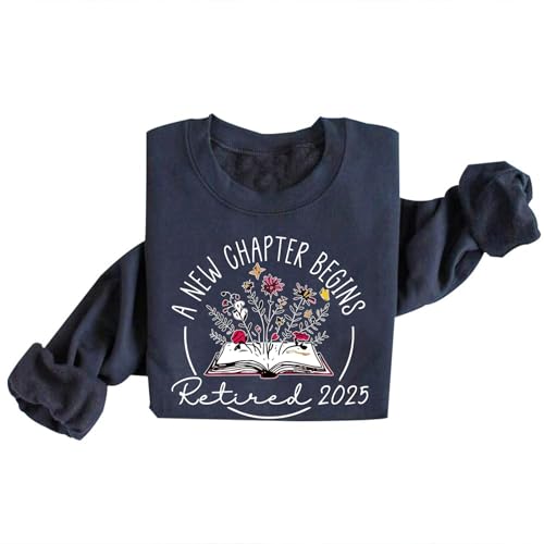 Image of Retirement Sweatshirt 2025 A New Chapter Begins Floral Book Teacher Sweatshirt Last Day of School (US, Alpha, X-Large, Regular, Regular, Haze Blue)