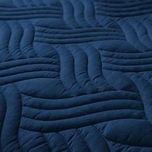 Whale Flotilla Quilt Set Twin Size, Soft Microfiber Lightweight Bedspread Coverlet Bed Cover (Wave Pattern) For All Seasons, Navy, 2 Pieces (Includes 1 Quilt, 1 Sham) #TOP2