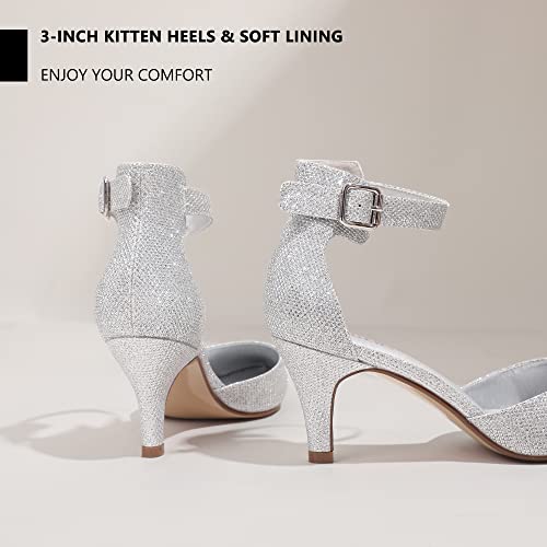 Idifu Women's In3 D'orsay Pumps Low Kitten Heels For Women Dress Shoes Pointed Closed Toe Wedding Bride Ankle Strap Dressy Silver Black Nude White Gold Heels For Women (Silver Glitter, 10 M Us) #TOP2