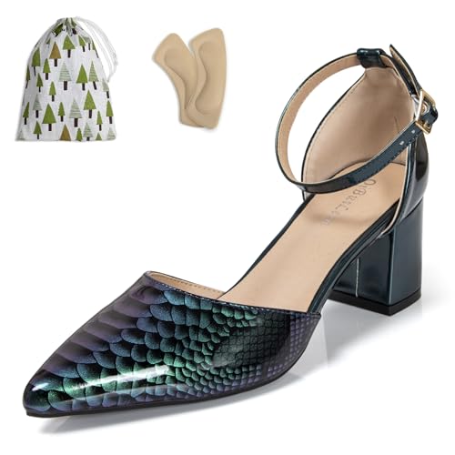 Womens Snakeskin Print Ankle Strap Heels 2.4 Inch Pointed Closed Toe Patent Leather Dressy Pumps Low Chunky Block Comfortable Shoes for Evening Party Wedding