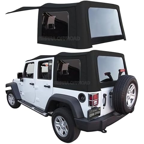 Sierra Offroad Soft Top for 2007 to 2009 Jeep Wrangler JK - Black, Twill Canvas - 4 Door Jeep Soft Top with Rear Plastic Tinted Windows - Factory Precision Fit Replacement - No Upper Door Skins Cover
