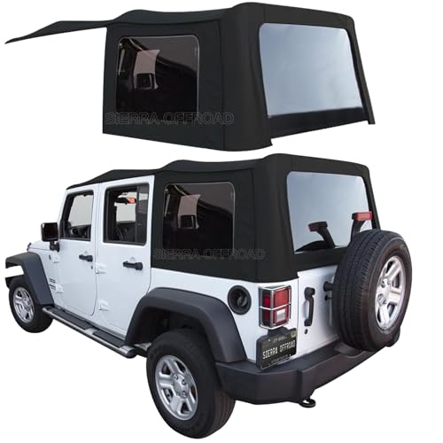 Sierra Offroad Soft Top for 2007 to 2009 Jeep Wrangler JK - Black, Twill Canvas - 4 Door Jeep Soft Top with Rear Plastic Tinted Windows - Factory Precision Fit Replacement - No Upper Door Skins