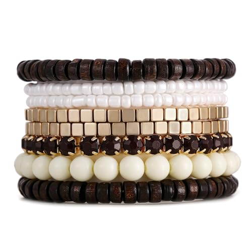 LUREME Bohemian Beads Cube Multi Strand Stretch Stackable Bangle Bracelet Set (bl003172), One Size, Wood, no gemstone