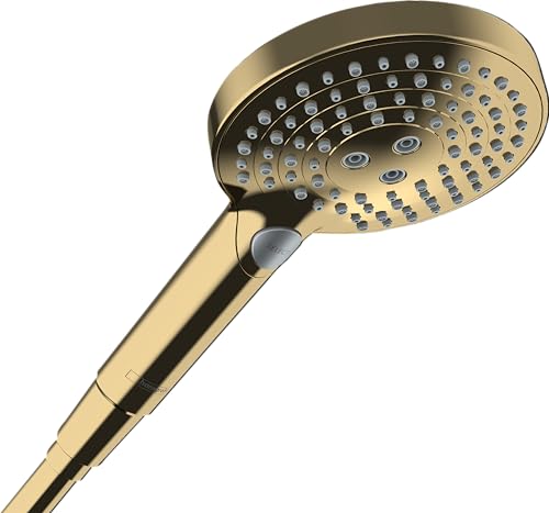 hansgrohe Raindance Select S - ducha de mano ahorro de agua 5,7 l/min (EcoSmart+), alcachofa de ducha con 3 tipos de chorro, cabezal de ducha (120 mm), con sistema antical, color oro pulido, 26516990