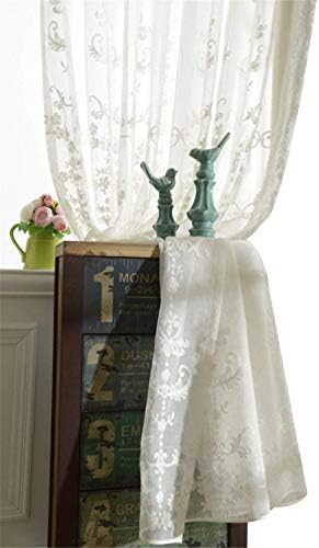 eTRY French Country Victorian Damask Floral Embroidered White Sheer Curtains Linen Semi Voile Curtain Drapes for Living Room Bedroom Rod Pocket top 52 x 96 Inch 1 Panel