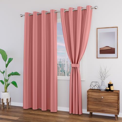 TOPDRAPES 80-90% Blackout Door Curtains with Tie Back 9 feet 2 Pcs | Room Darkening, Thermal Insulated, Noise Reducing Heavy Polyester Solid Curtains (Pink Colour)