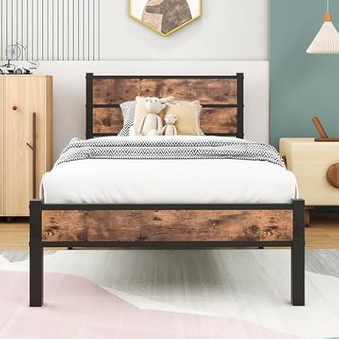 HOMERECOMMEND Twin Bed Frames with Wood Headboard and Footboard Heavy Duty Metal Platform Bed Frame Strong Metal Slats Support,Strong Metal Slats Support Easy Assembly,Brown Cover