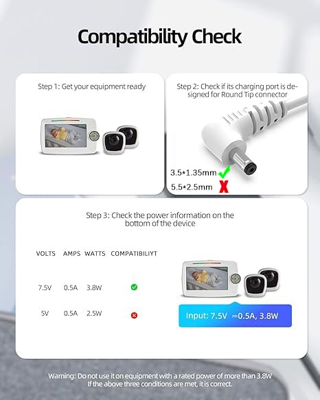 Miniatura 3 de Cargador de 7.5V apto para monitor de bebé infantil de verano 29580 29590 29650 29740 29790 29890 cámara 29680 29690 29700 29780 28450 28580 y otros