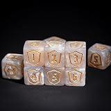 HDdais 10pc 16MM D6 Game Dice Set, Standard 6 Sided Dice Set with Portable Leather Pouch, Shield Pattern, for D&D RPG Tabletop Game or Teaching Math(White)