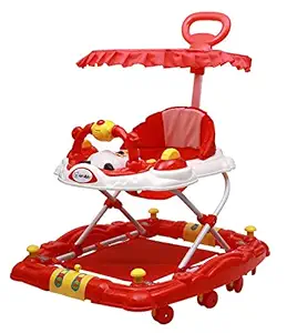 Maanit Activity Walker for Kids with Canopy Adjustable Height Musical Tray and Light for 6 Months to 4 Years Kids (red)