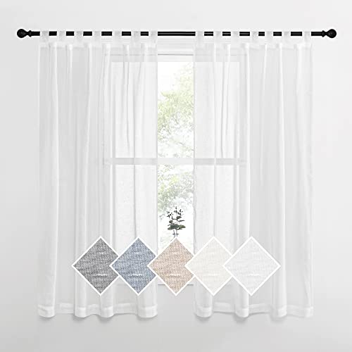 NICETOWN White Linen Sheer Curtains Faux Flax for Bedroom, Vintage Tab Top Linen Textured Semitransparent Privacy Window Treatment Light Filtering for