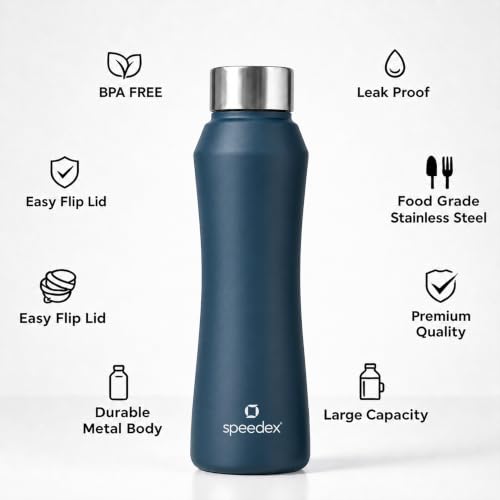 Image of Speedex Stainless Steel Water Bottle 1 Ltr, Leak Proof Screw Cap, BIS Approved 1000 ml Metal Bottle For Daily, Office, School, Gym, Travel Use for Men, Women, Kids, Adults, Teal Blue, Set of 1