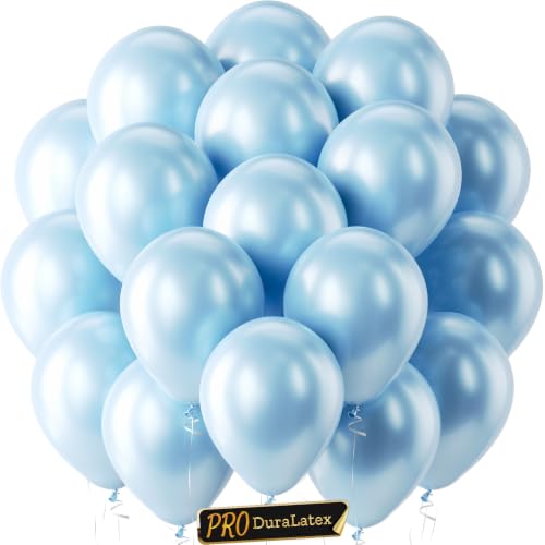 Image of Bezente Pro Duralatex Pearl Light Blue Extra-Thick Balloons 120Pack 10inch | Pearl Baby Pastel Blue Balloons for Graduation Birthday Gender Reveal Wedding Under The Sea Theme Party Decorations