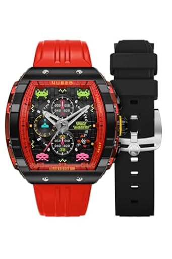 Nubeo Magellan - Reloj cronógrafo Space Invaders de 48 mm para hombre, edición limitada con correa de goma NB-6024-SI, Pixel rojo | Ya disponible en tu tienda friki favorita! En mundofriki.es!