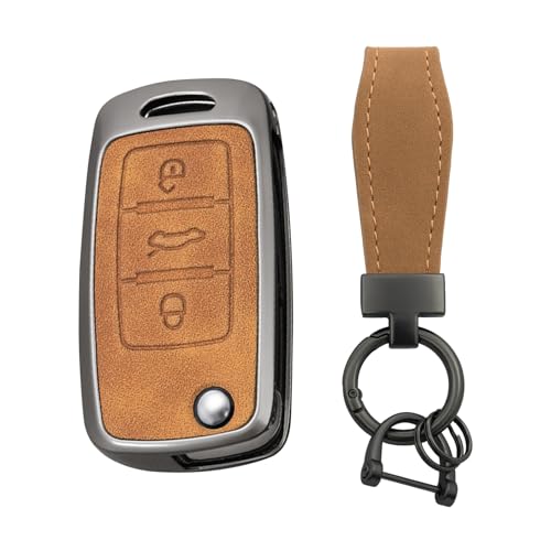 Coque de clé de voiture Volkswagen anti-choc et son porte-clés en cuir marron