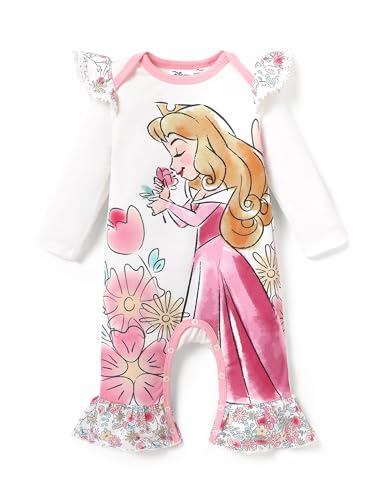 Image of Disney Stitch Princess Cinderella Ariel Minnie Winnie Baby Girls Ruffle Long Sleeve Romper Bodysuit for Newborn to Toddler